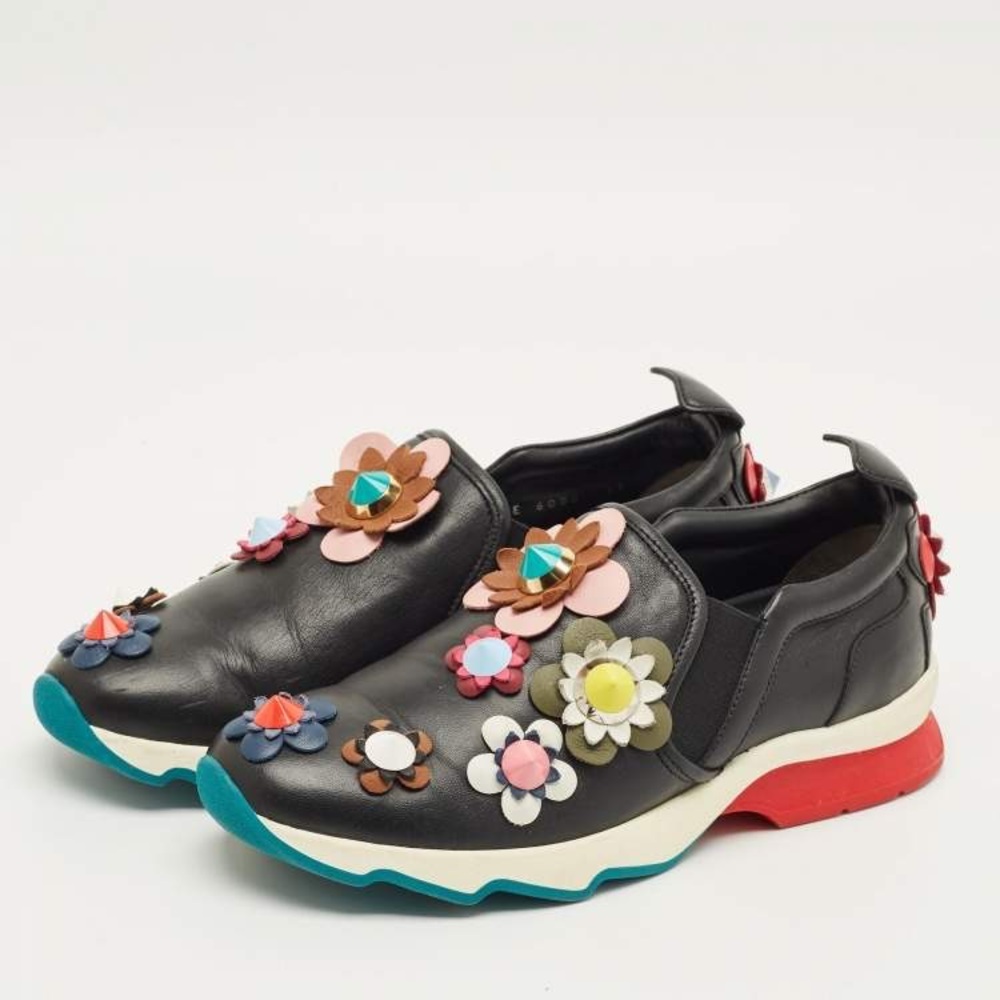 Floral Embellished Black Slip-On Sneakers